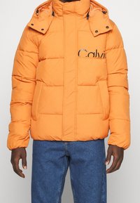 Pomarańczowa kurtka puchowa z wysokim kołnierzem, przednim zamkiem błyskawicznym i dwoma bocznymi kieszeniami. Posiada logo na piersi oraz odpinany kaptur.