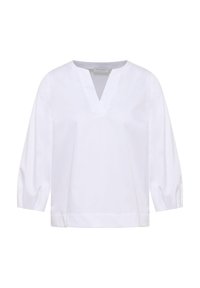 Weißes Bluse aus glattem Stoff, mit V-Ausschnitt und 3/4-Ärmeln. Das Design umfasst einen geraden Saum und einen minimalistischen Stil.