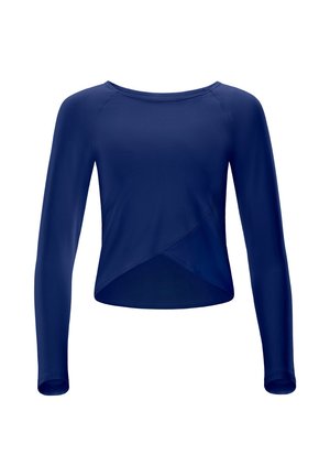 Navy long-sleeve top made of smooth fabric, featuring a wrap design and a rounded neckline. Seam detailing along the shoulders and hem.