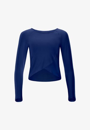 Dunkelblaues Langarmoberteil aus glattem Stoff mit Wickeldesign und rundem Ausschnitt. Nahtdetails an den Schultern und am Saum.