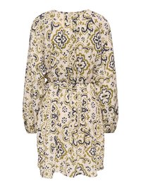 Robe beige clair à manches longues, taille cintrée, avec motifs floraux et géométriques verts et noirs.