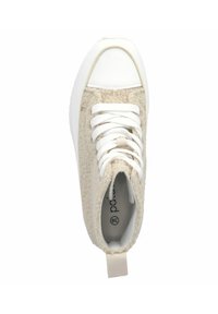 Beige High-Top-Sneaker aus weichem, strukturiertem Material mit weißer Gummispitze und Schnürsenkeln. Verfügt über eine Schlaufe an der Rückseite für einfaches An- und Ausziehen.