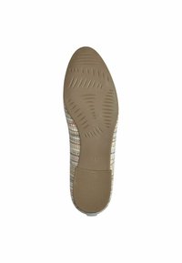 Chaussure plate avec un dessus en tissu tissé présentant des motifs multicolores. Semelle en caoutchouc avec adhérence texturée, marquée de la taille 37.