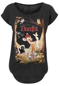 Must have musta t-särk, millel on värvikas graafika Disney Bambi tegelastega koos metsloomadega, lillelisede detailidega ja ümmarguse kaelusega. Pehme kangastekstuuri.