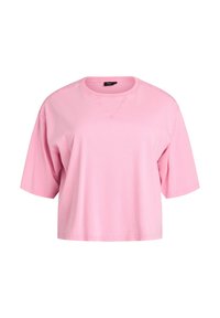 Kort rosa bomulds T-shirt med en afslappet pasform, rund halsudskæring og korte ærmer. Den har synlige syninger.