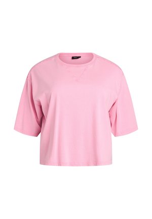 Lühike roosa puuvillane T-särk, millel on vabalt istuv lõige, ümmargune kaelus ja lühikesed varrukad. T-särgil on nähtavad õmbluse detailid.