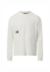 Weißes Langarm-T-Shirt aus weicher Baumwolle mit Rundhalsausschnitt. Verfügt über ein schwarzes Logo auf der linken Brustseite. Standard-Passform.