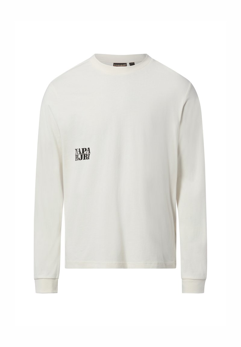 Weißes Langarm-T-Shirt aus weicher Baumwolle mit Rundhalsausschnitt. Verfügt über ein schwarzes Logo auf der linken Brustseite. Standard-Passform.