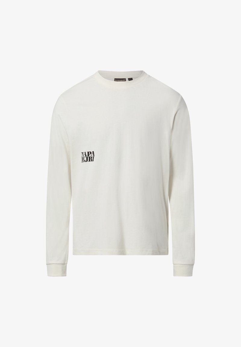 Weißes Langarm-T-Shirt aus weicher Baumwolle mit Rundhalsausschnitt. Verfügt über ein schwarzes Logo auf der linken Brustseite. Standard-Passform.