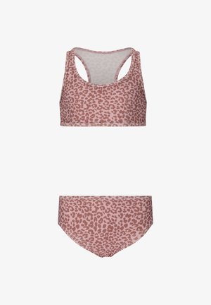 Maillot de bain rose deux pièces à pois léopard marron, comprenant un haut dos nageur et un bas hipster.
