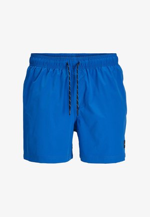 Blauwe zwemshorts van lichtgewicht stof, met een elastische tailleband, een zwarte trekkoord en een logotag aan de zijkant.