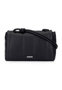 Sac à main noir en cuir lisse, avec une anse nouée, des coutures discrètes et une plaque logo en argent à l'avant.