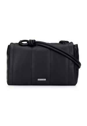 Sac à main noir en cuir lisse, avec une anse nouée, des coutures discrètes et une plaque logo en argent à l'avant.