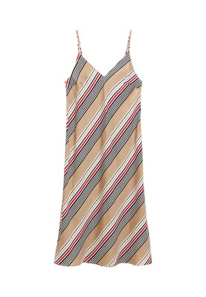 Vestido tipo slip beige con tirantes finos, con rayas diagonales negras, blancas y rojas en un patrón repetitivo.