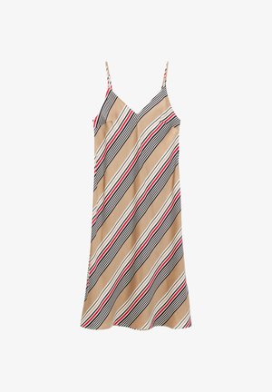 Vestido tipo slip beige con tirantes finos, con rayas diagonales negras, blancas y rojas en un patrón repetitivo.