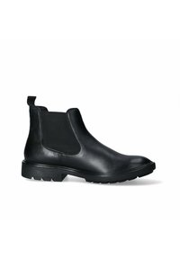 Stivali Chelsea in pelle nera con pannelli laterali elasticizzati, punta arrotondata e suola in gomma spessa; finitura liscia con dettagli minimi.