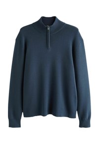 Navyblaues Pullover-Sweatshirt mit hohem geripptem Kragen, halbseitigem Reißverschluss und gerippten Bündchen. Weiche Textur, lockere Passform und minimalistisches Design.