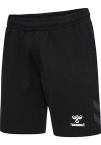 Schwarze Sportshorts mit einem elastischen Bund, aus weichem Stoff gefertigt, mit einem weißen Logo und grauem Akzentmuster an den Seiten.