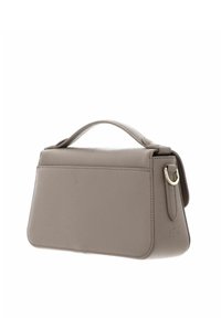 Gray textured leather handbag with a top handle, angular shape, and a gold-tone accent. Features a smooth interior and minimalistic design.
