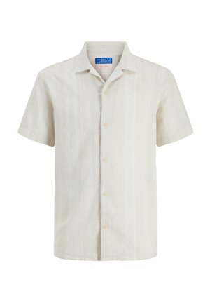 Beež lühikeste varrukatega nööpidega särk, millel on peened vertikaalsed triibud ja mugav krae, disainitud igapäevaseks kandmiseks.