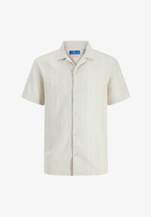 Beež lühikeste varrukatega nööpidega särk, millel on peened vertikaalsed triibud ja mugav krae, disainitud igapäevaseks kandmiseks.