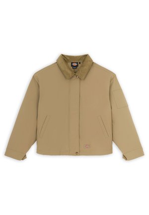 Veste beige avec un col en velours côtelé, fermeture à boutons, deux poches latérales et un logo en patch carré sur le bas à gauche à l'avant.