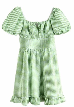 Zelené kostkované šaty s vyplněnými rukávy, elastickým pasem a volánkovým lemem. Obsahují detail předního uvázání a texturovanou bavlněnou látku.