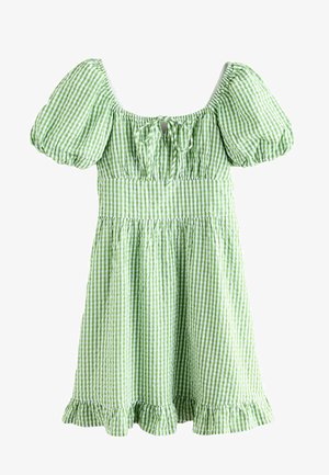 Zelené kostkované šaty s vyplněnými rukávy, elastickým pasem a volánkovým lemem. Obsahují detail předního uvázání a texturovanou bavlněnou látku.