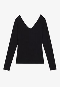 Schwarzes langärmeliges Oberteil mit strukturiertem Rippenmuster, tiefem V-Ausschnitt und figurbetontem Schnitt. Glattes Material ohne sichtbare Muster oder Akzente.