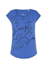 Blauw T-shirt met korte mouwen met zwarte tekstgraphics. Lichtgewicht stof met een ronde hals en een kleine knoopdetails aan de voorkant.