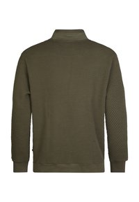 Olivgrön tröja med ett strukturerat, bikupemönster. Har en ribbad krage och manschetter. Långa ärmar, avslappnad passform och en enhetlig färg.
