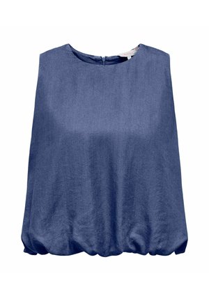 Blouse sans manches bleu foncé avec encolure ronde et ourlet élastique froncé, tissu avec un aspect subtilement texturé.