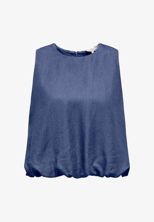 Sleeveless dark blue blouse with round neckline and gathered elastic hem, fabric with a subtle textured appearance.