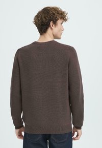 Brown knit sweater with a textured pattern, ribbed cuffs and hem, crew neckline, and long sleeves, worn by a model seen from behind.
