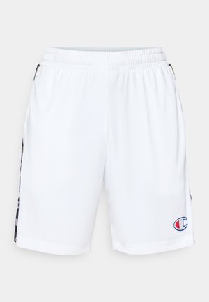 Scurtă de sport albă cu un brâu elastic. Panourile laterale au un design negru și accente de logo în roșu și albastru. Textură netedă.
