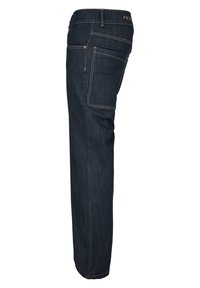 Dark blue jeans with a straight-leg design, contrasting stitching, and multiple pockets. Made of denim, features a slight texture.