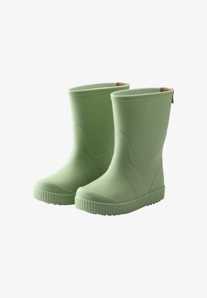 Green rubber rain boots with a smooth texture, rounded top, and ridged soles. The interior is lined, featuring a small tan tab at the back.