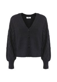 Cardigan nero lavorato a maglia con scollatura a V, chiusura con bottoni e motivo a treccia sulle maniche a sbuffo. Tessuto morbido e design cropped.
