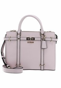 Borsa a mano in pelle sintetica rosa con doppio manico superiore, tracolla regolabile, hardware in tonalità oro e dettaglio del logo sulla parte anteriore.