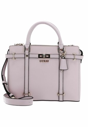 Borsa a mano in pelle sintetica rosa con doppio manico superiore, tracolla regolabile, hardware in tonalità oro e dettaglio del logo sulla parte anteriore.