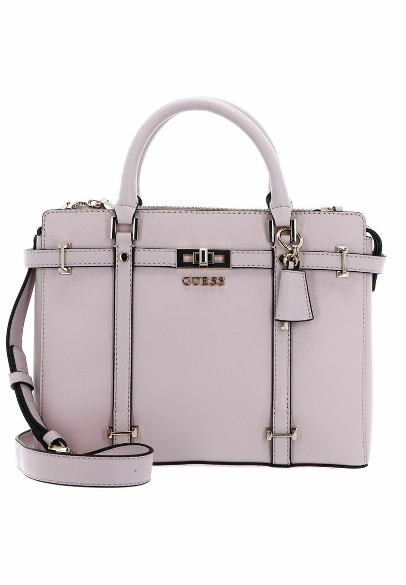 Borsa a mano in pelle sintetica rosa con doppio manico superiore, tracolla regolabile, hardware in tonalità oro e dettaglio del logo sulla parte anteriore.