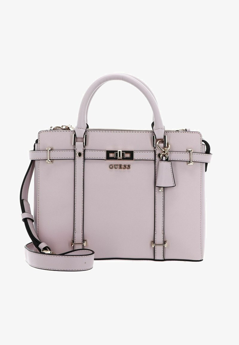 Sac à main en simili cuir rose avec deux poignées supérieures, bandoulière ajustable, quincaillerie dorée et détail de logo sur le devant.