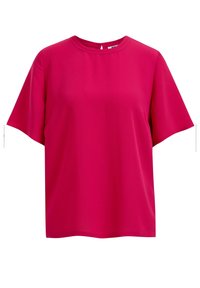 T-shirt a maniche corte di un vivace colore rosa, con scollo rotondo e vestibilità rilassata, realizzato in un tessuto leggero e liscio. Dettaglio a chiave sul retro.