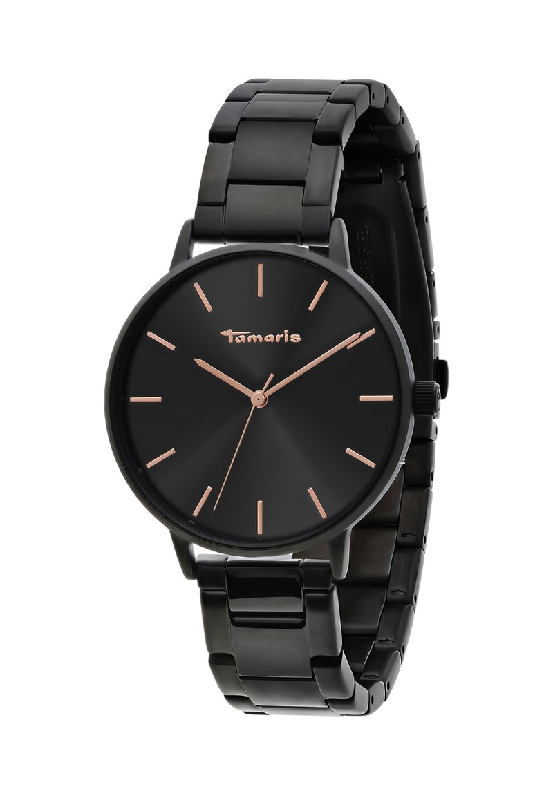 Schwarze Metallarmbanduhr mit schwarzem Zifferblatt, roségoldenen Stundenmarkierungen und Zeigern sowie dem "Tamaris"-Logo auf dem Ziffernblatt.