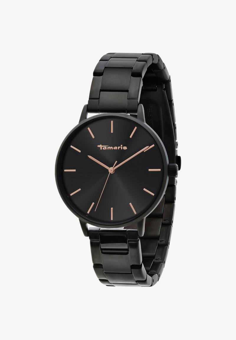 Zwart metalen armband horloge met zwarte dial, roségouden uurmarkeringen en wijzers, en het "Tamaris" logo op de wijzerplaat.