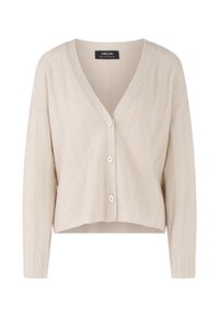 Beige gerippter Cardigan mit langen Ärmeln, V-Ausschnitt und fünf Knöpfen auf der Vorderseite. Weicher, strukturierter Stoff, verkürzte Länge.