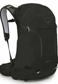 La mochila Black Osprey Hikelite 28 cuenta con una superficie texturizada, correas ajustables y hebillas externas; diseñada para su uso al aire libre.