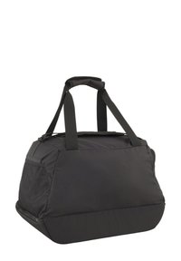 Black, durable fabric duffel bag with dual handles, large compartment, mesh side pocket, and smooth zipper closure on top.