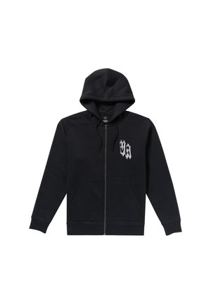 Black zip-up hoodie with a kangaroo pocket, drawstring hood, and white graphic detailing on the left chest. Made from soft fabric.