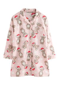 Pink pajama top with short sleeves, featuring a repeated pattern of teddy bears in Santa hats and white polka dots. Includes a chest pocket.